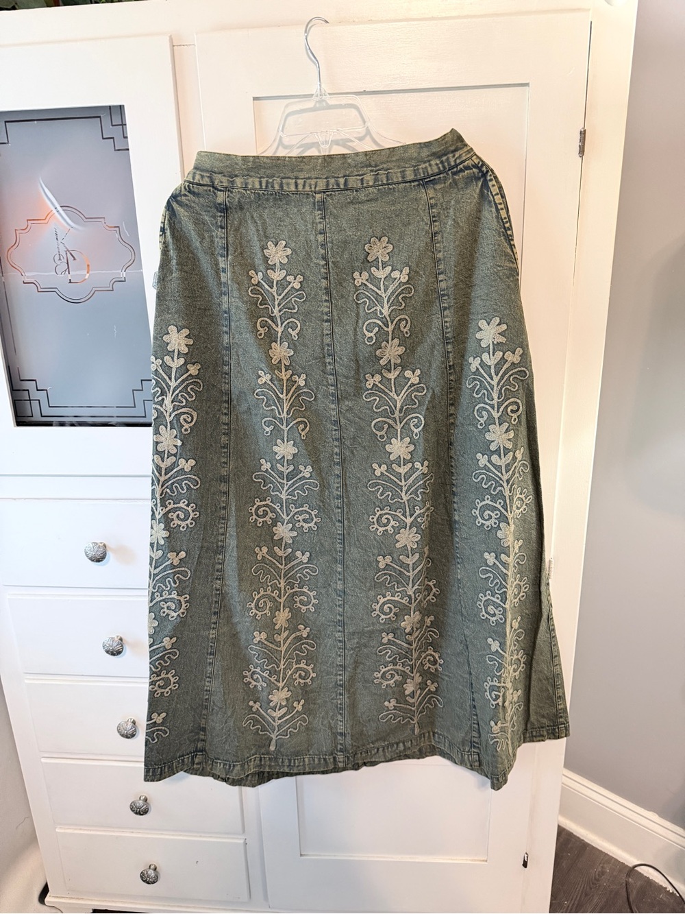 Young threads Embroidered Olive Midi Skirt with Cream Floral Detail